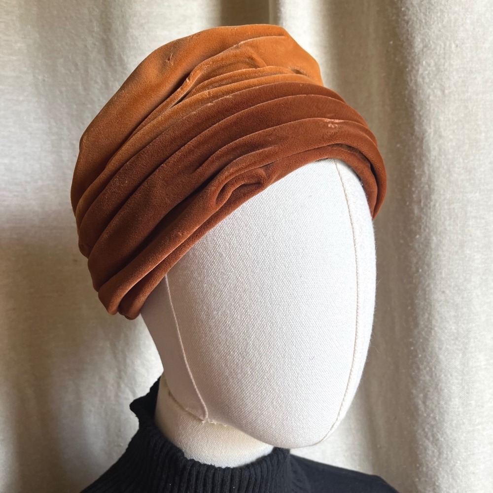 Vintage McCurdy's Cognac Velvet Turban Hat Draped 1960s Camel Brown